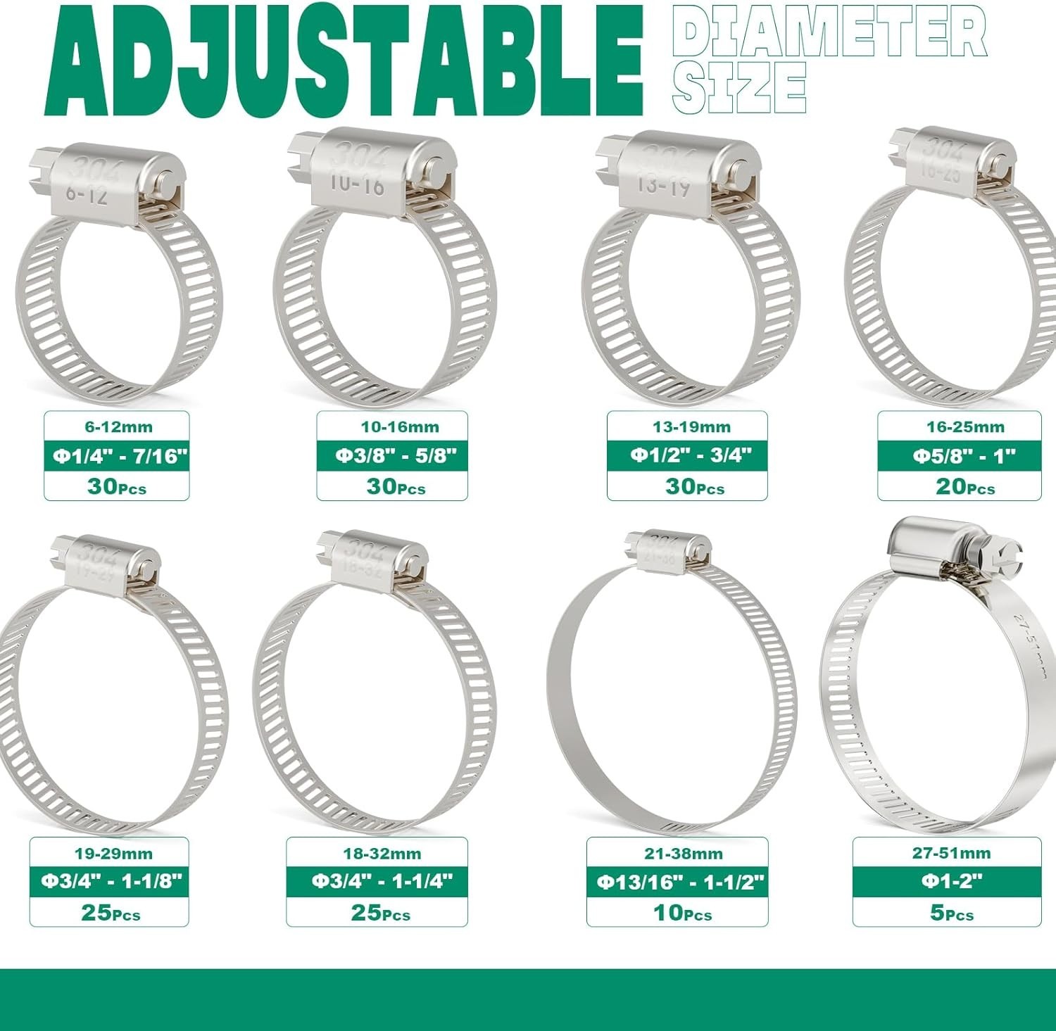 175 abrazaderas de manguera de acero inoxidable, surtido ajustable de 6 a 51 mm