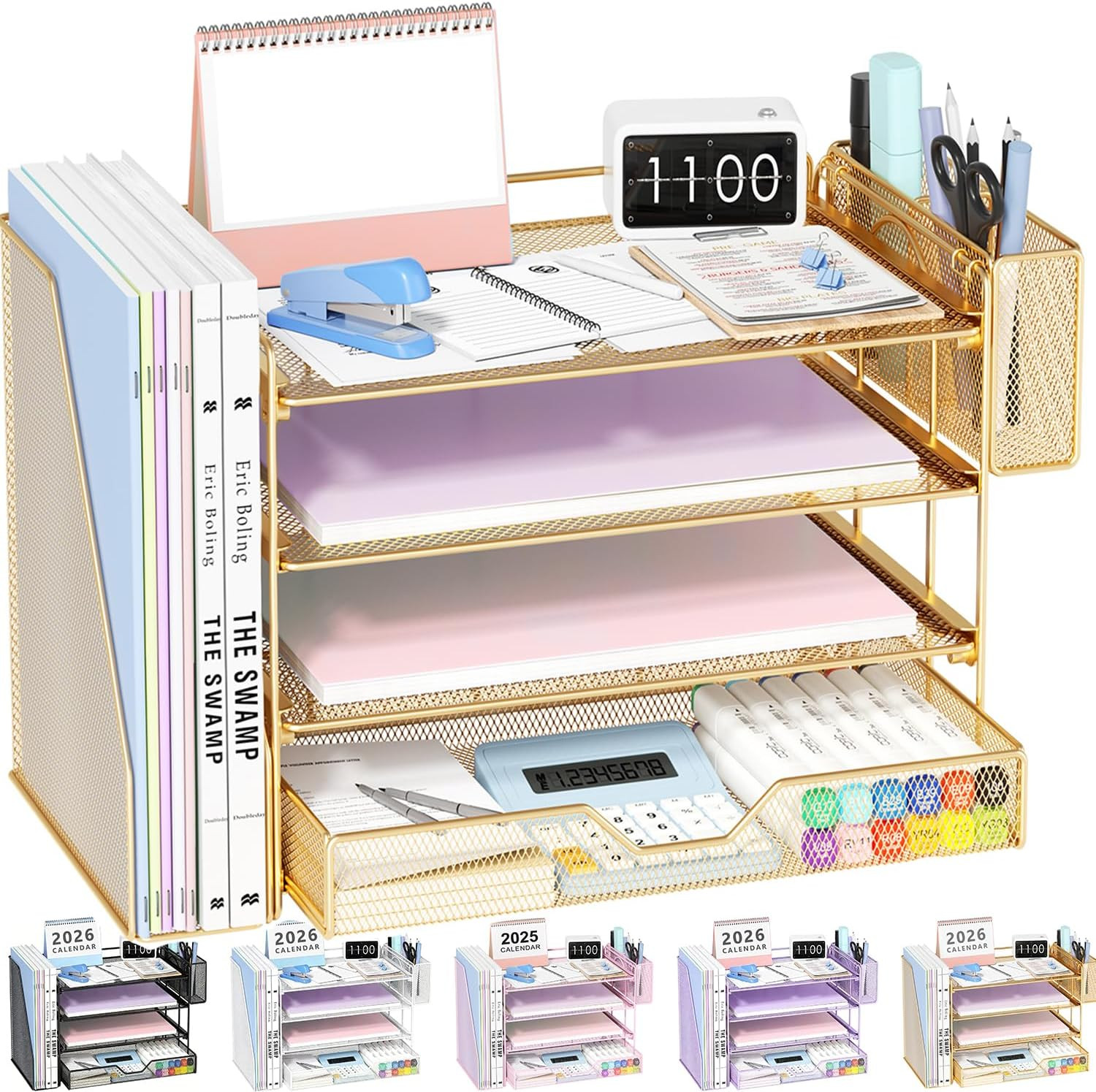 Desk Organizers and Accessories, 4-Tier Desktop File Organizer with Drawer and P
