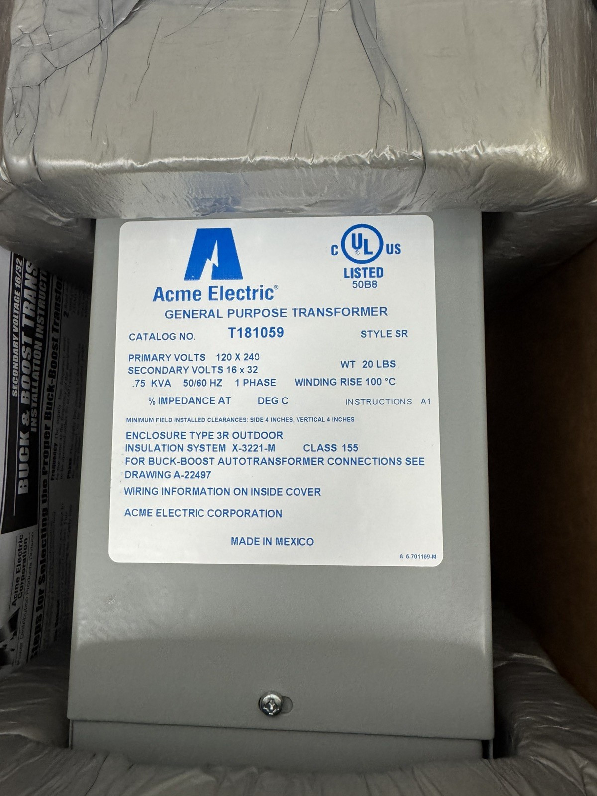 Acme Electric T181059 General Purpose Transformer 120×240 Volts 50/60Hz