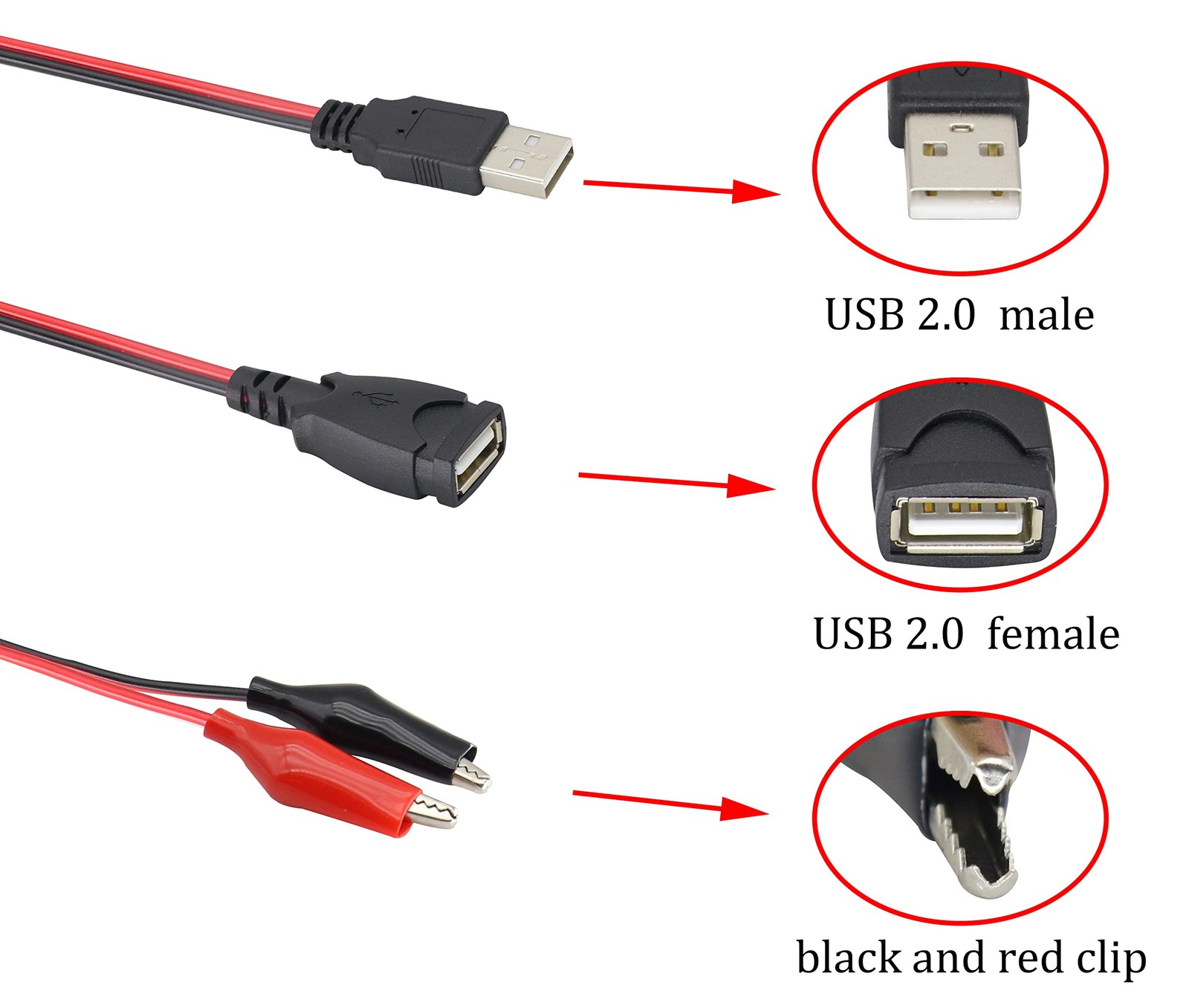 HCFeng USB to Alligator Clip Adapter Cable – Jumper Probe Test Wire red/black