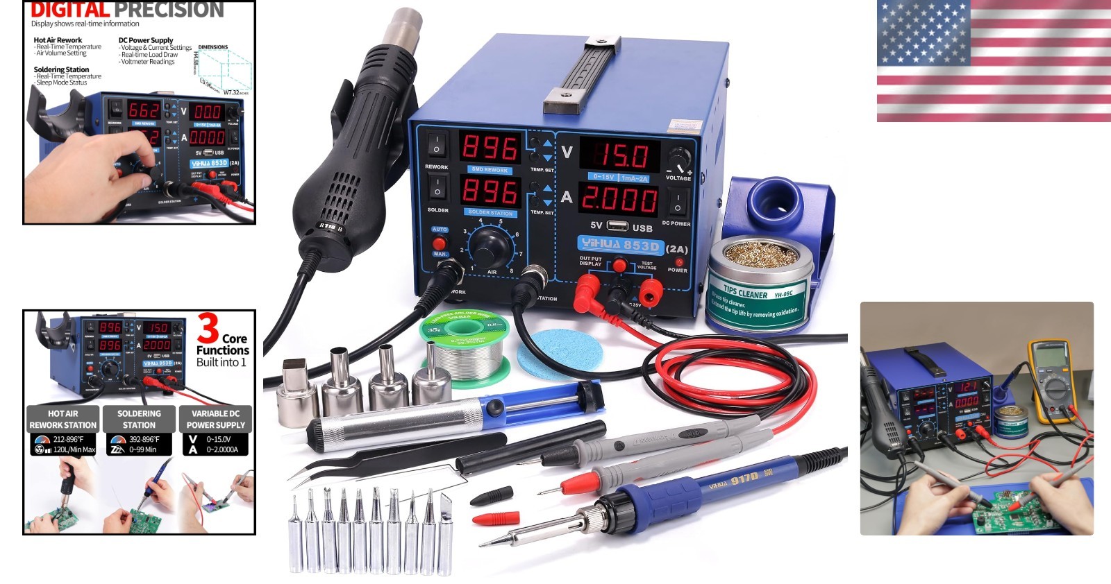 Versatile 3-in-1 Soldering, Rework, and Power Supply Station with PID Control