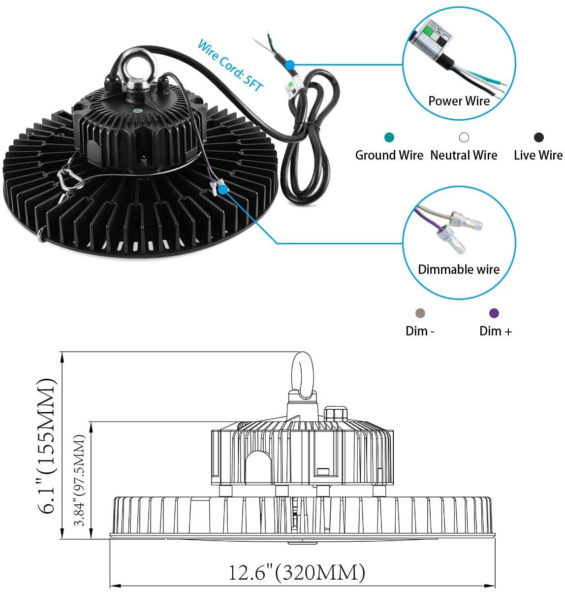 150W UFO LED High Bay Light 21000LM 600W MH/HPS Equivalent Commercial Shop Light