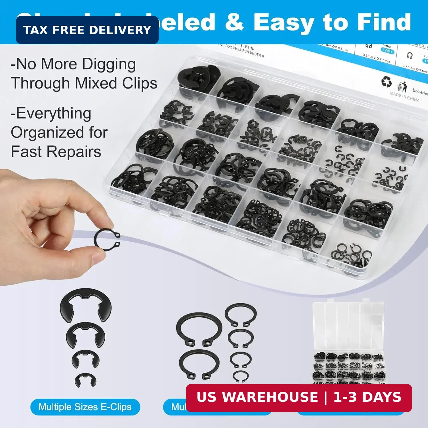 324Pcs C Clips & E Clips Assortment Kit, 24 Sizes C Clip 5mm-16mm & E Clip 2mm-1