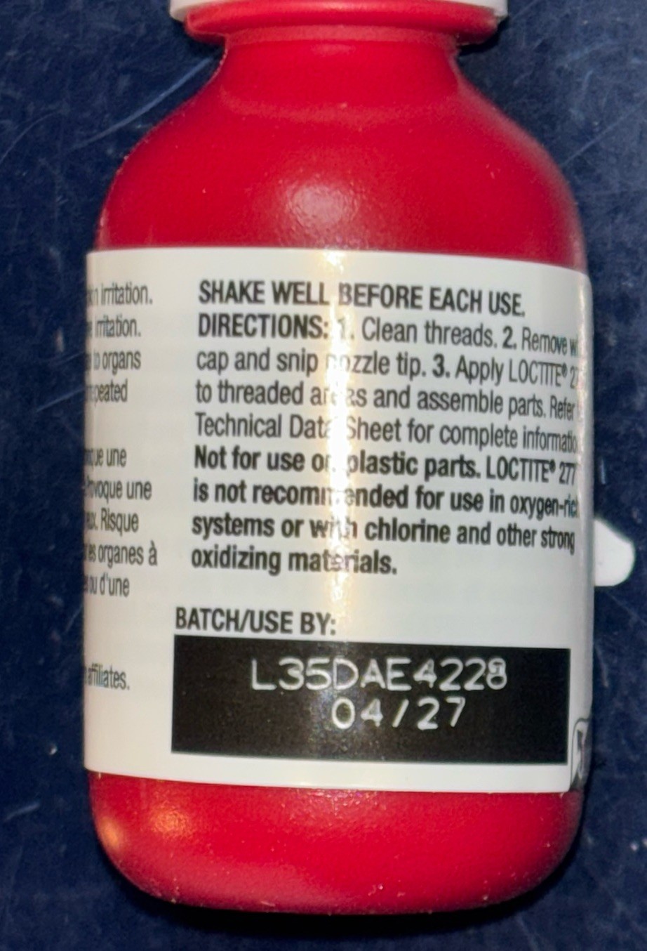 Loctite 277 10mL RED High Strength Threadlocker 0.34FL. OZ. 231089 EXP 04/2027