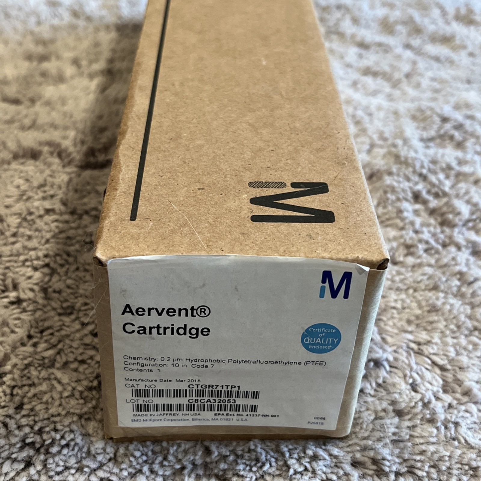Millipore CTGR71TP1 Aervent CTGR 10”Cartridge Filter Pore Size 0.2 μm NEW SEALED