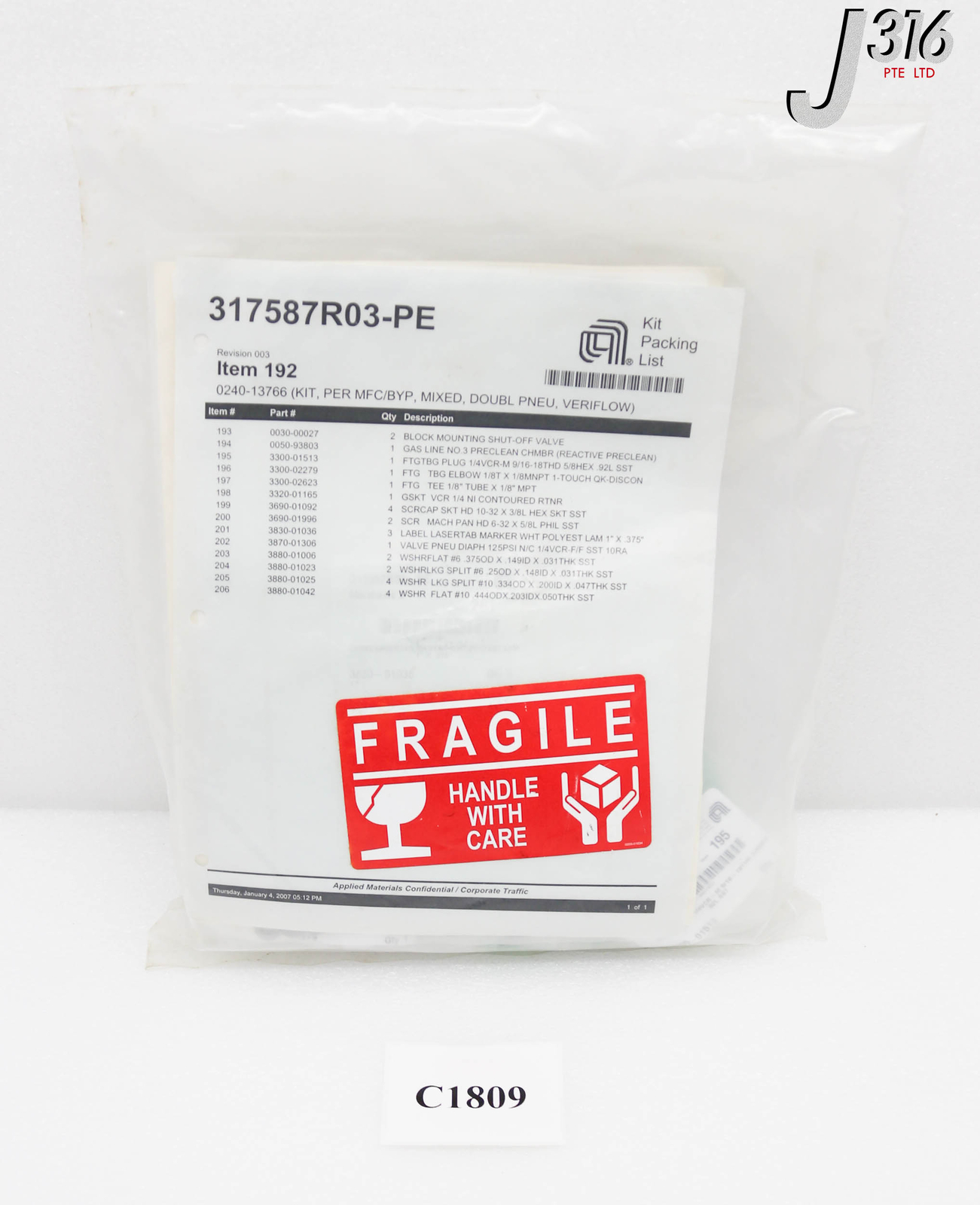 C1809 APPLIED MATERIALS KIT, PER MFC/BYP, MIXED, DOUBL PNEU, VERIFLOW 0240-13766