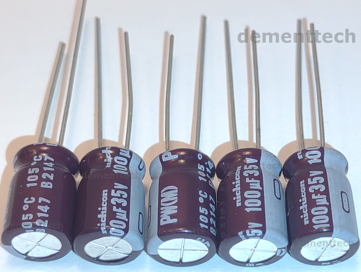 5x 100uF 35V Nichicon PW Low-ESR Impedance 105C radial capacitors replaces 25V
