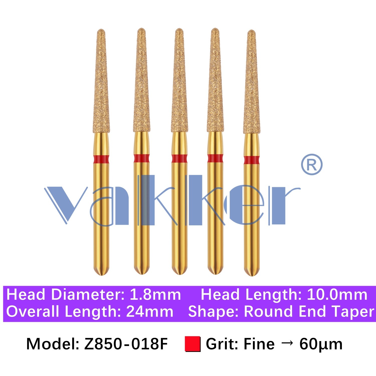 Vakker 5pc/pk Zirconica 850-018F Fine FG Diamond Burs Round End Taper Gold