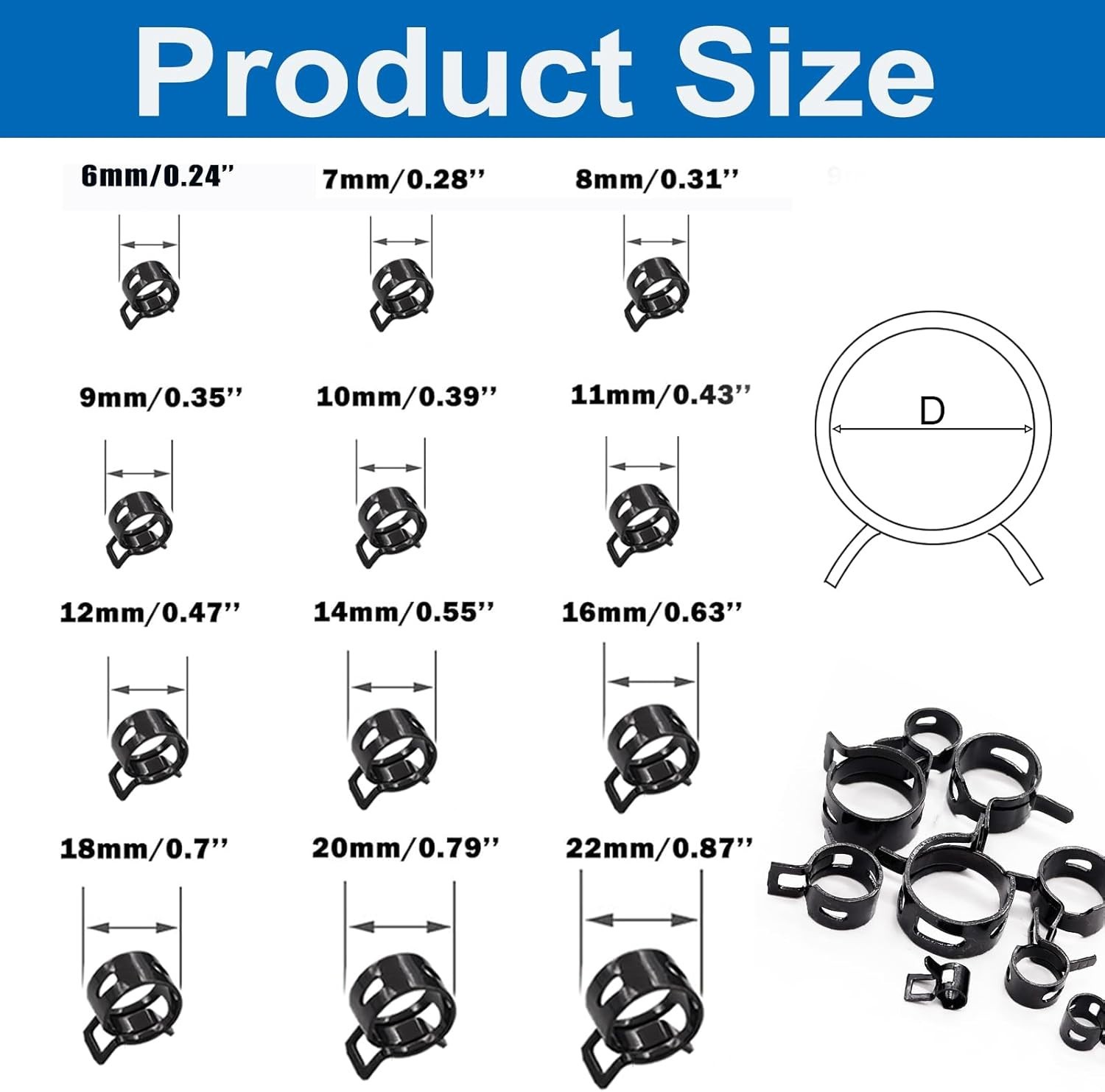 140 Spring Hose Clamps 6-22Mm Silicone Vacuum Hose Action Low Pressure Air Clip