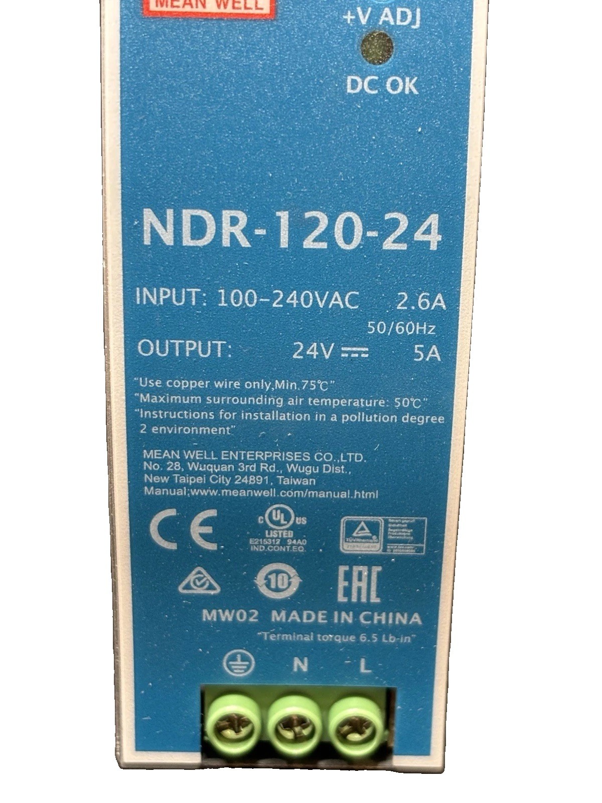 MEAN WELL NDR-120-24 24V 5A 120W DIN Rail Power Supply 100-240VAC Adj