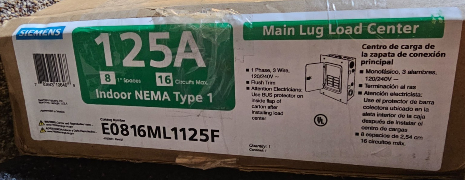 Siemens E0816ML1125F Main Lug Load Center 125A 120/240V 8 Spaces 16 Circuits
