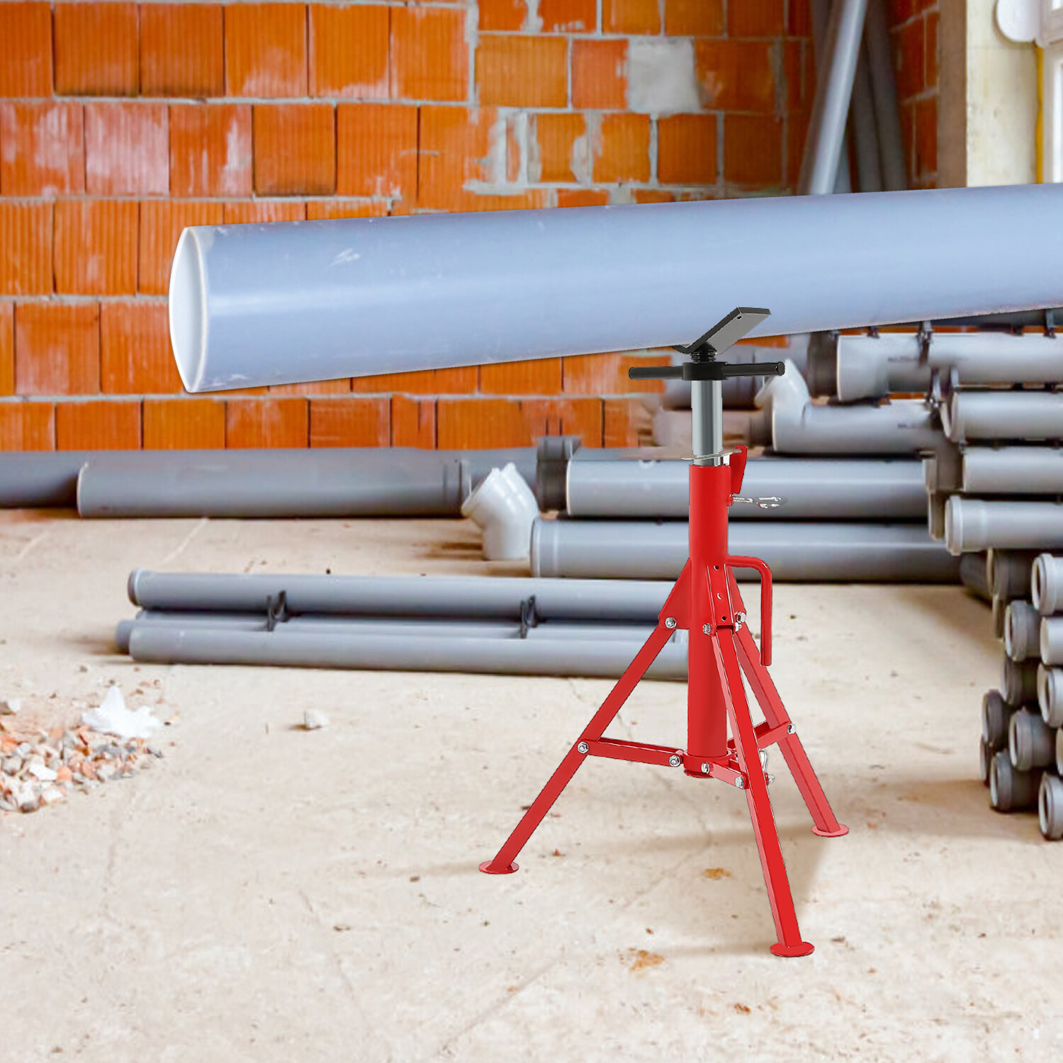 V-Head Pipe Stand Folding Tripod Jack 28″-52″ Height 12″ Pipe 2500LB Steel Red