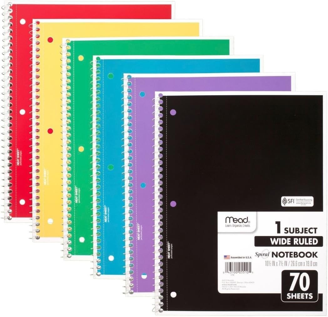 Mead Spiral Notebook, 6 Pack, 1 Subject, Wide Ruled Paper, 7-1/2″ x 10-1/2″