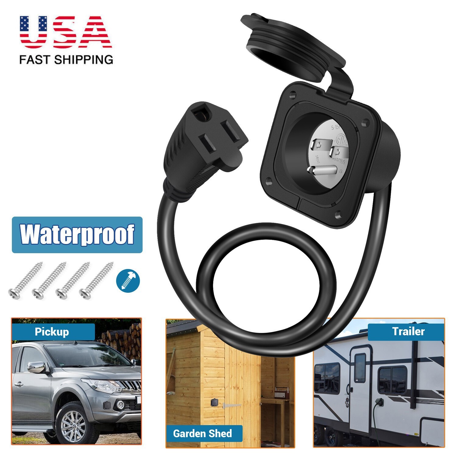 15 Amp 125V AC Port Plug Inlet Port 18″ Extension for Marine Boat RV Camper
