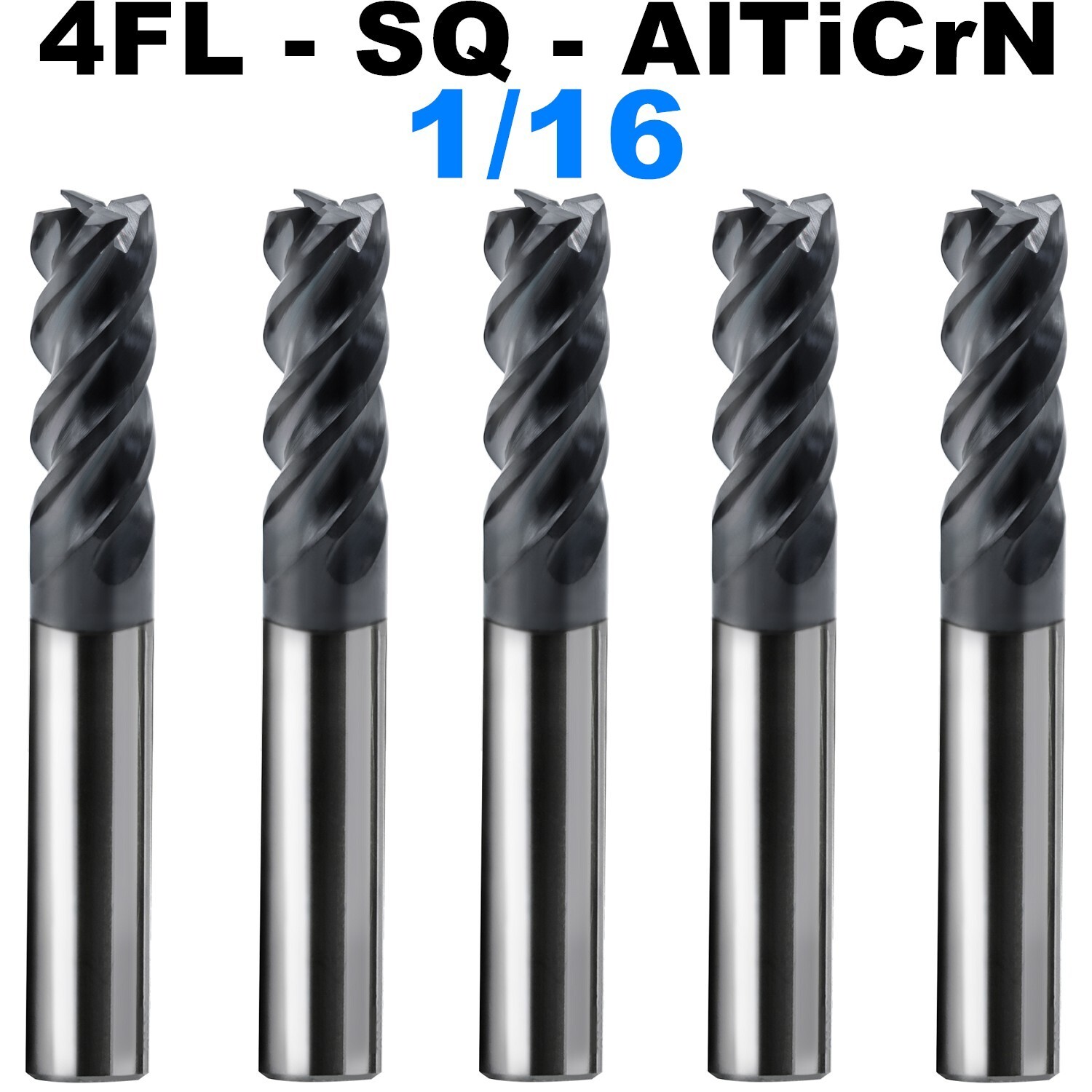 5 PCS 1/16″ 4 Flutes Square 45° Helix Carbide End Mill AlTiCrN Coated