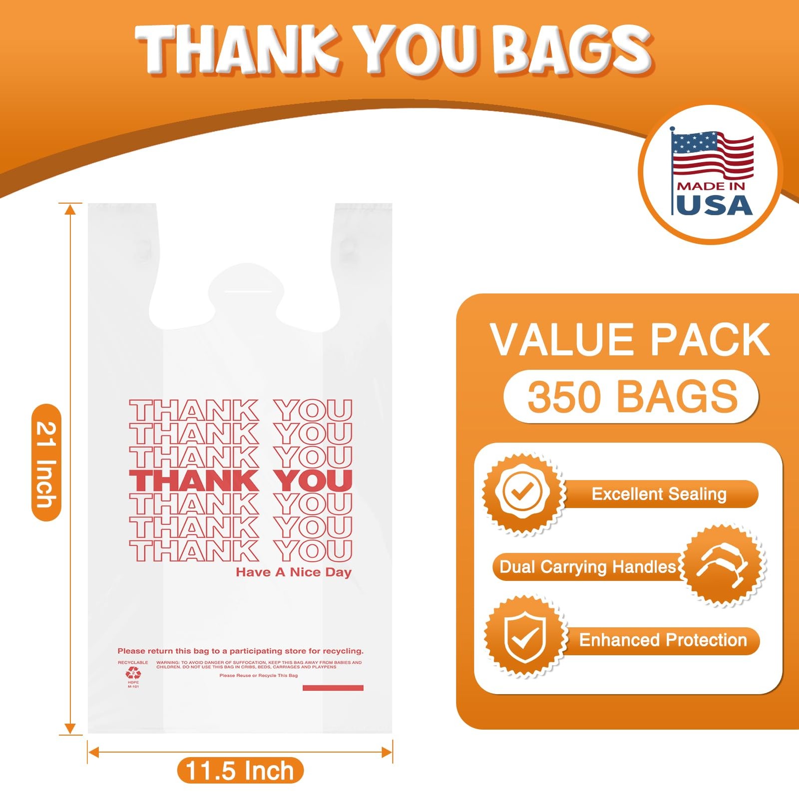 Glotoch Thank You Plastic Bags with Handle White (350 Count), 11.5 x 6.5 x 21…