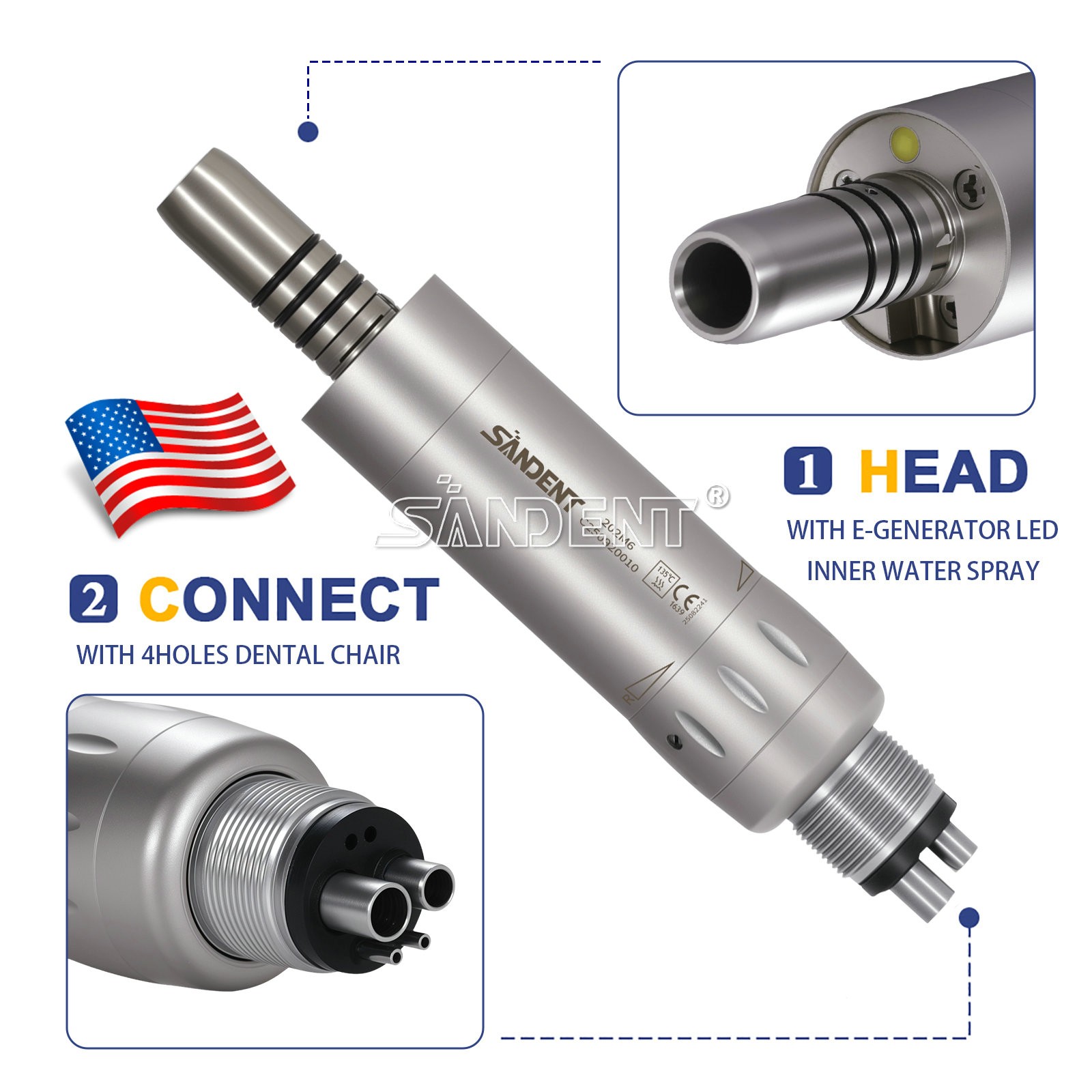 Dental Internal Water Spray E-generator LED Air motor Handpiece 4Hole Low Speed