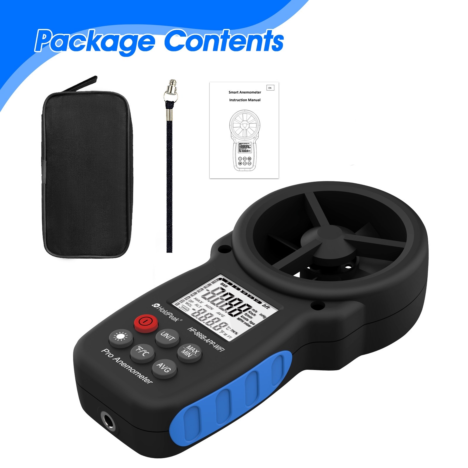 Digital Anemometer 89MPH 113°F 5-Unit Backlit LCD WiFi Bluetooth APP Max/Min/Avg