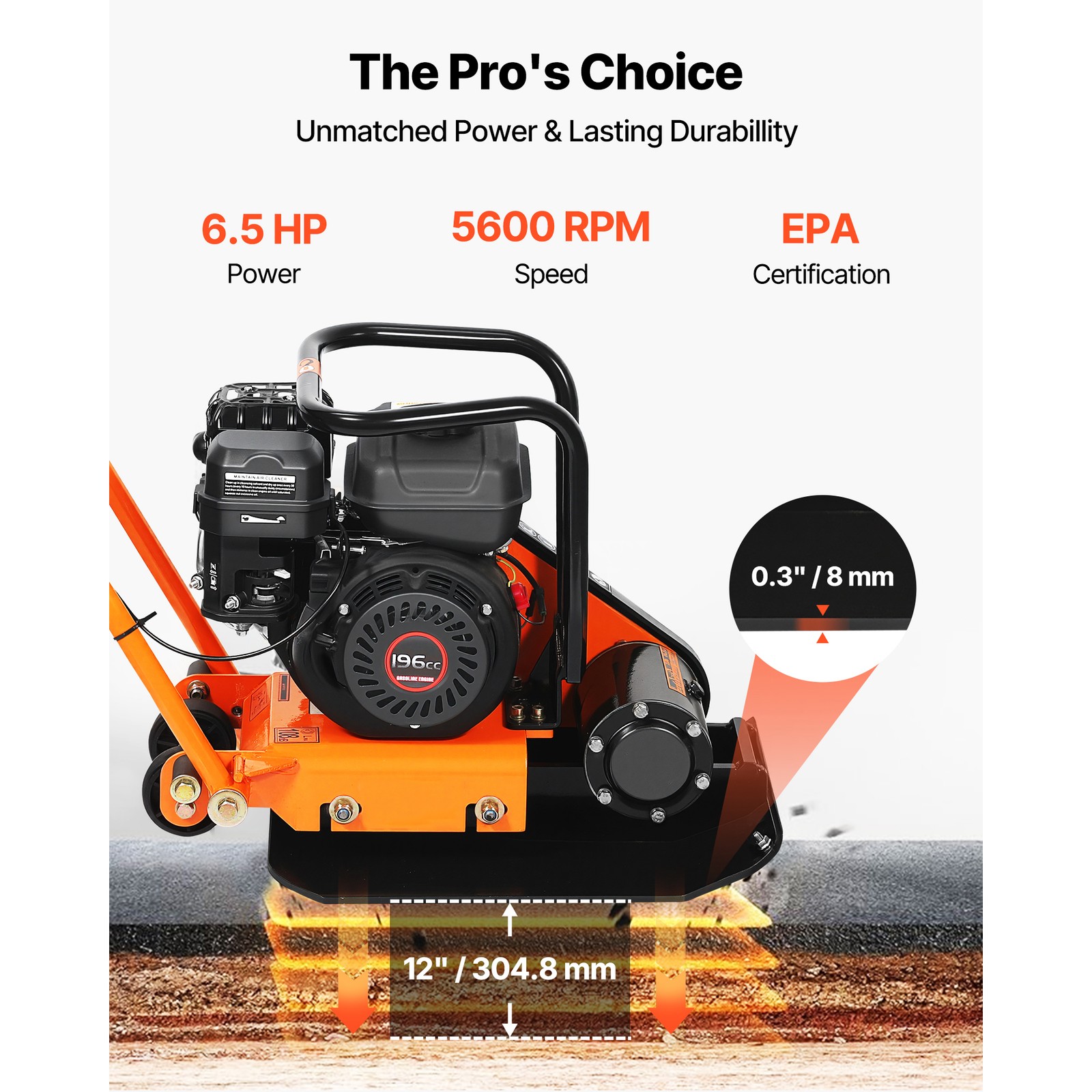 Uimoso 6.5HP Vibrating Plate Compactor for Asphalt, 5600VPM, 2360lbs