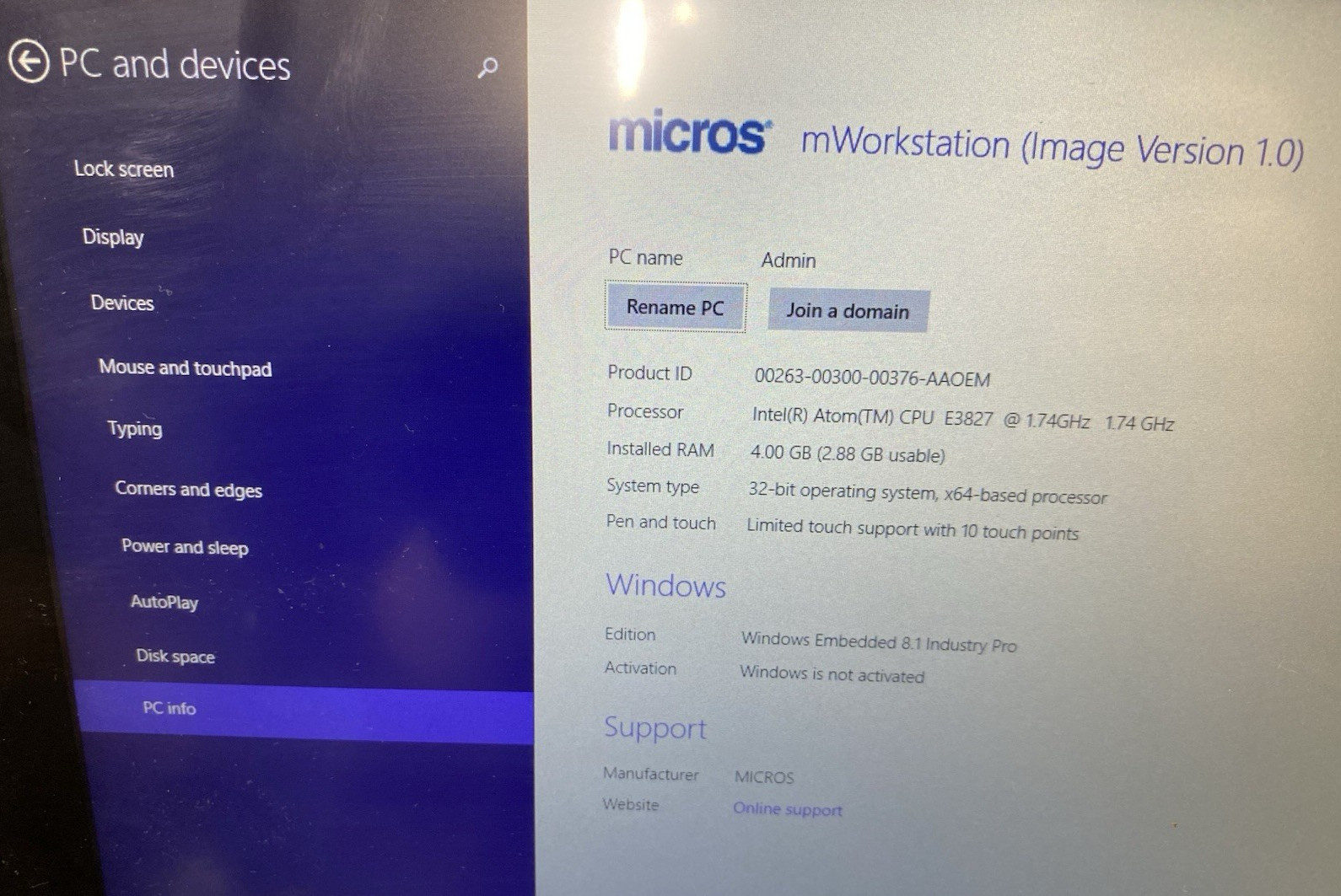 Micros Oracle Workstation 6 400935-001 Intel Atom E827 1.74GHz 4GB RAM 32GB SSD