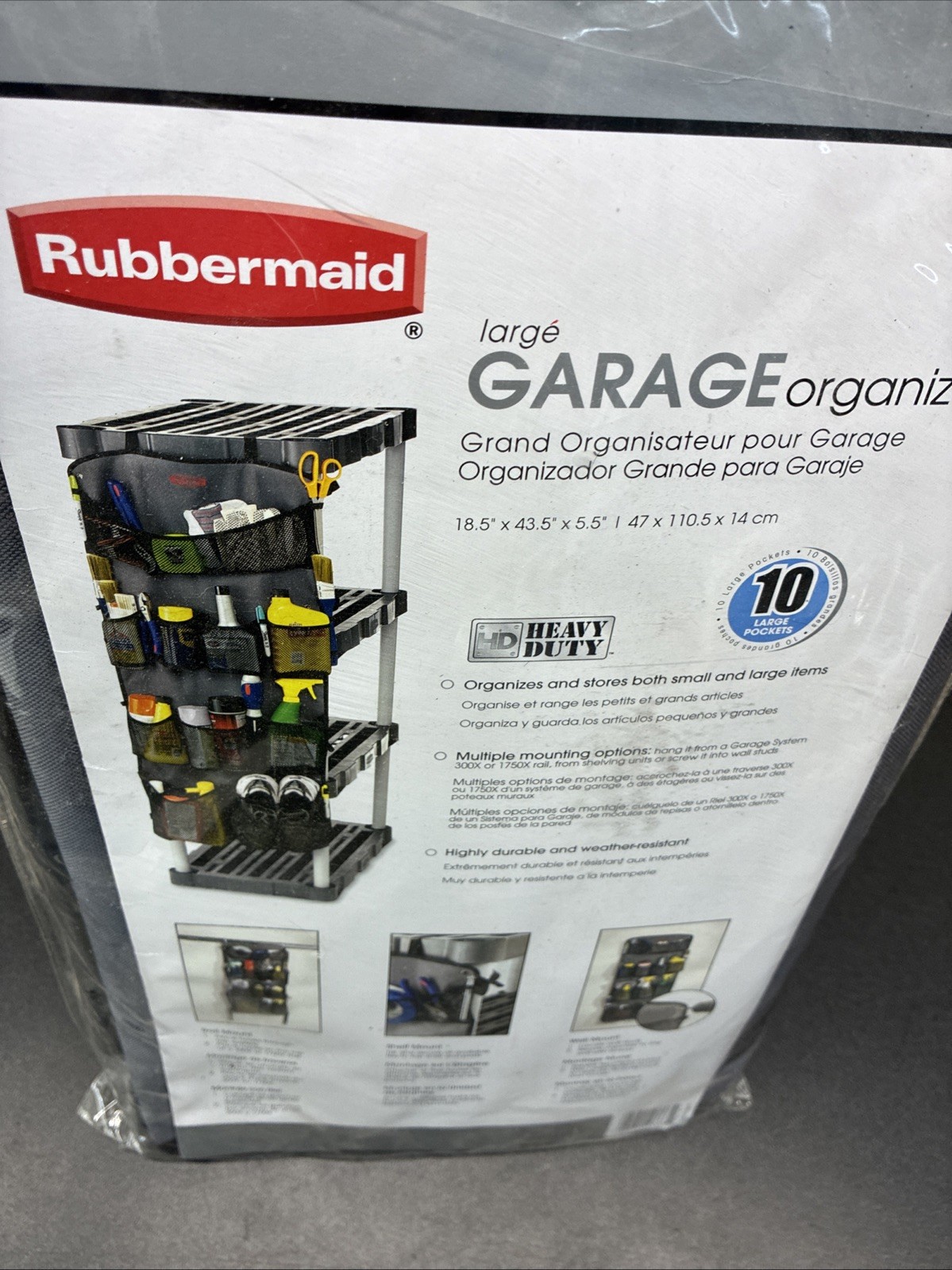Rubbermaid Large Garage Organizer 18.5” X 43.5” X 5.5” Heavy Duty New 10 Pockets