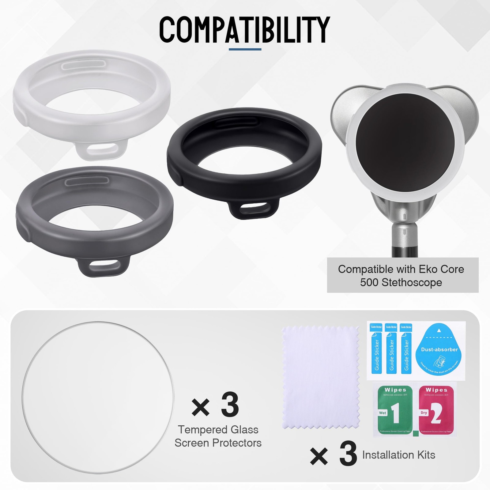 Stethoscope Protection Kit Compatible with EKO Core 500, 3 2.5D Tempered Glas…