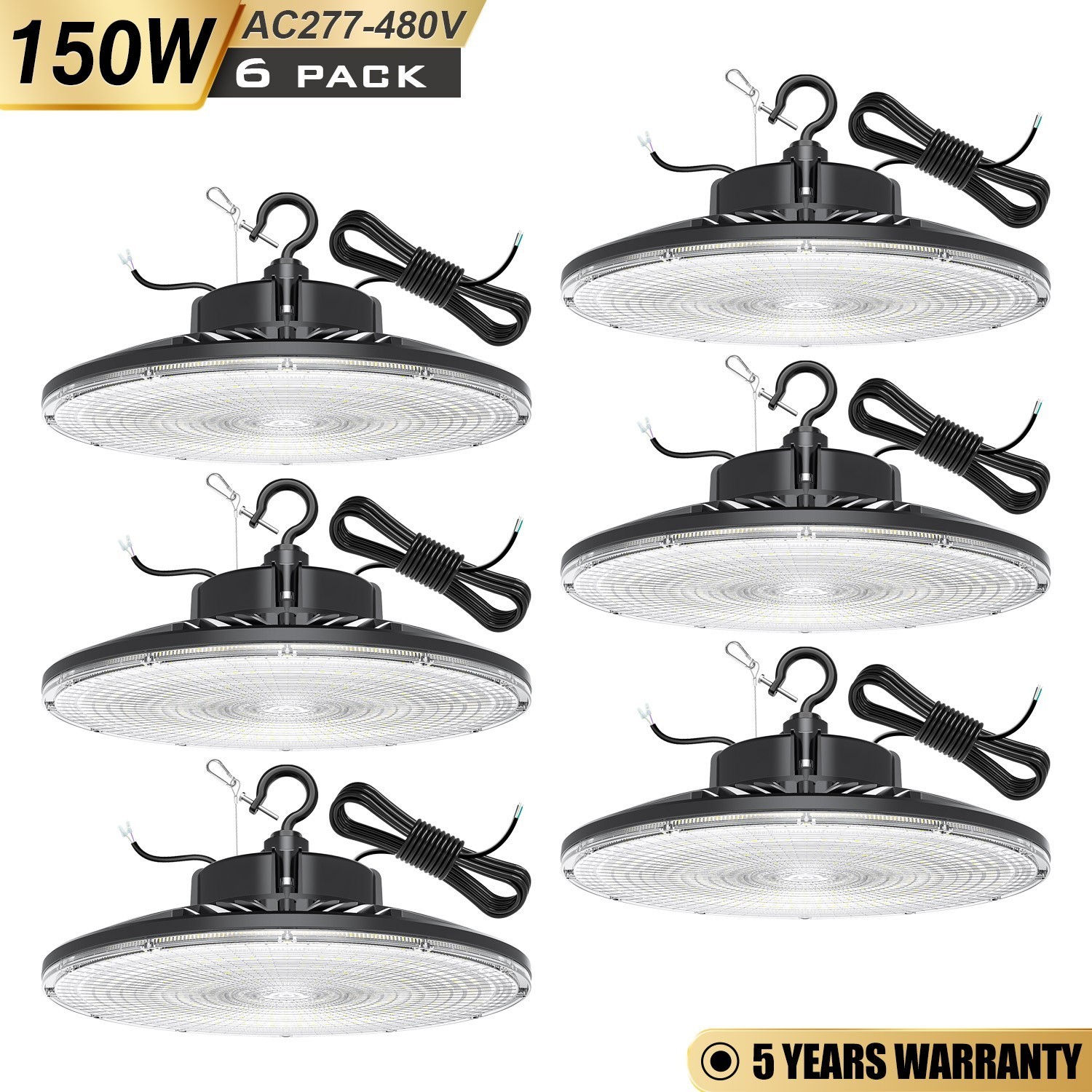 6 PACK 480V LED UFO High Bay 150W Dimmable Commercial Warehouse Shop Lighting UL