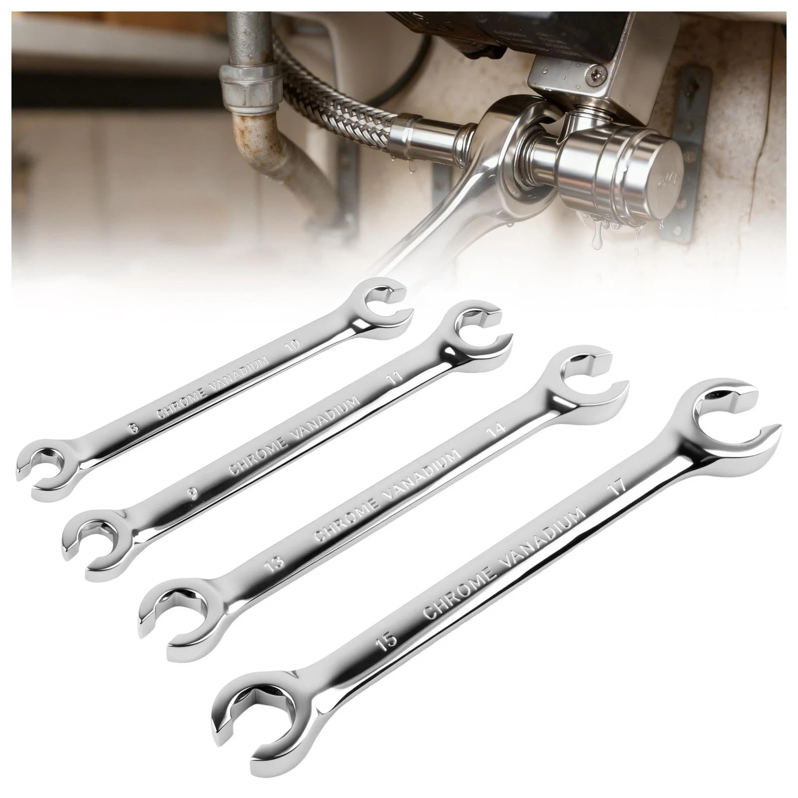 4PCS Carbon Steel Brake Line Wrench Set with 8Mm/10Mm/9Mm/11Mm/13Mm/14Mm/15 Mm/1