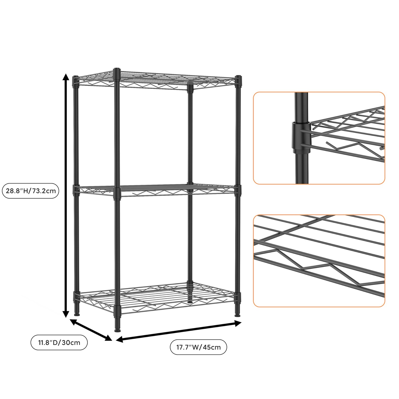 M MZG 3 Tiers Shelf Metal Storage 3 Tiers, 11.8″D x 17.7″W x 28.8″H, Black