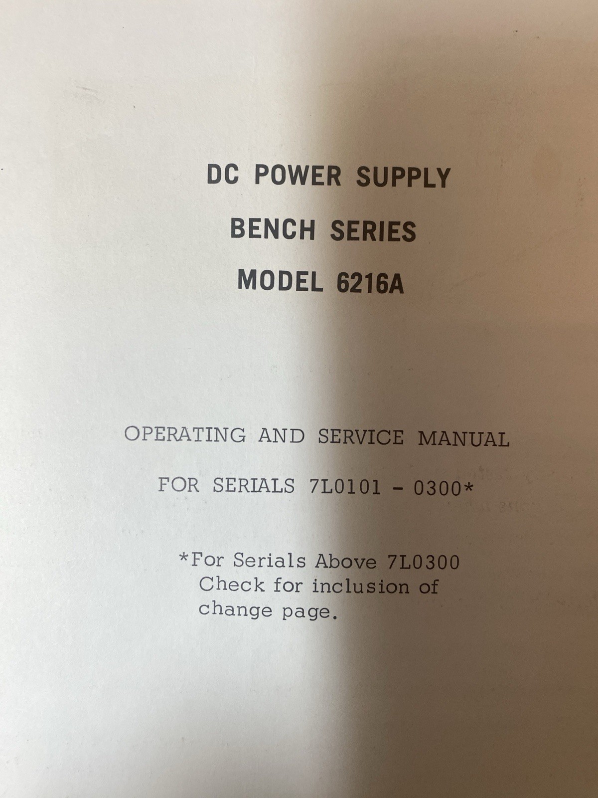 HP 06216-90001 DC Power Supply Bench Series Model 6216A Operating/Service Manual