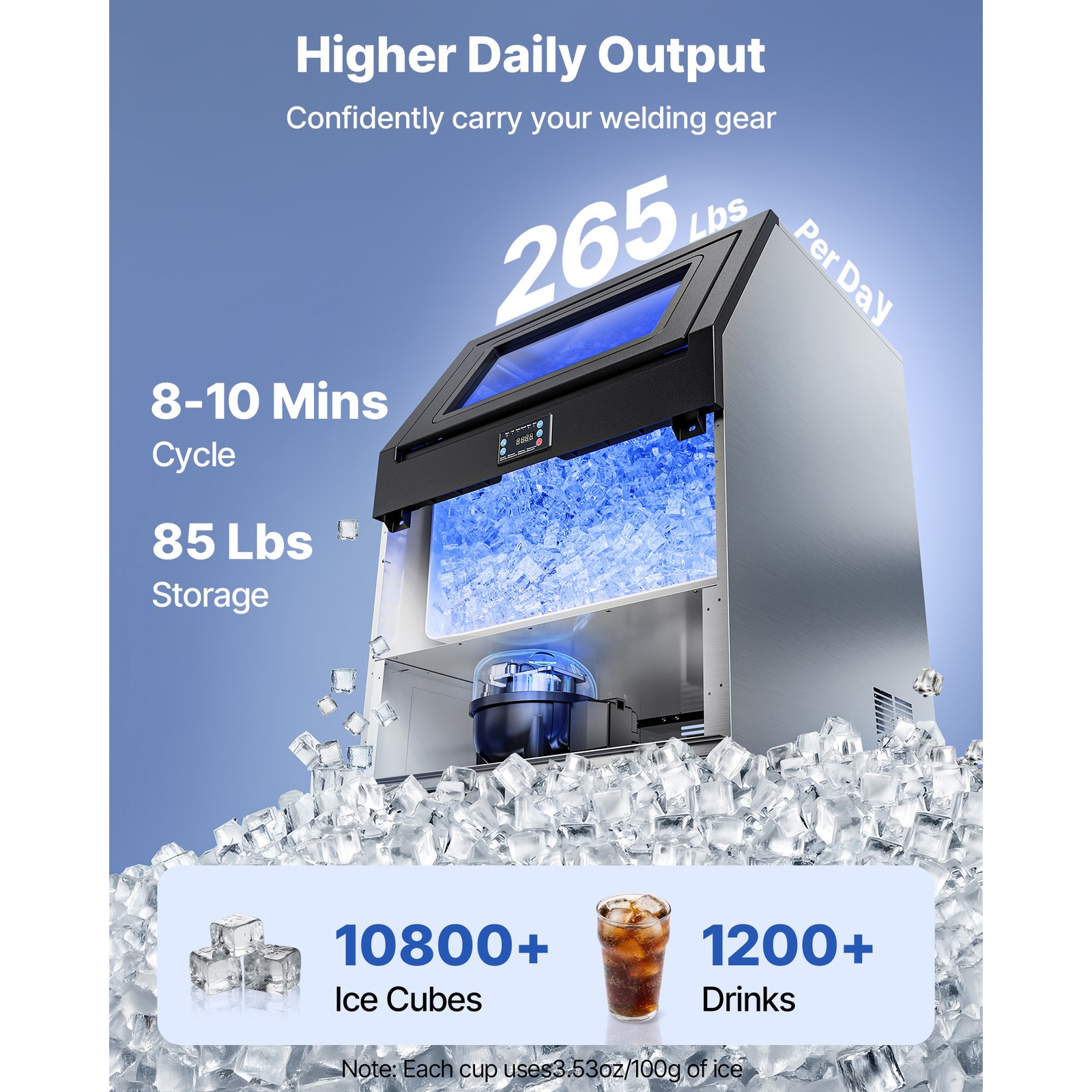 Uimoso 265lb/24h Commercial Ice Maker Stainless Ice Cube Machine W/85lbs Storage