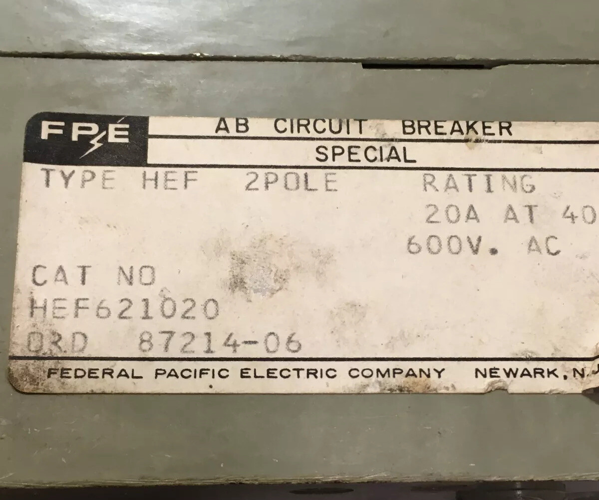 FEDERAL PACIFIC Electric HEF621020 20A 600V BREAKER WARRANTY TWO POLE 3P FRAME