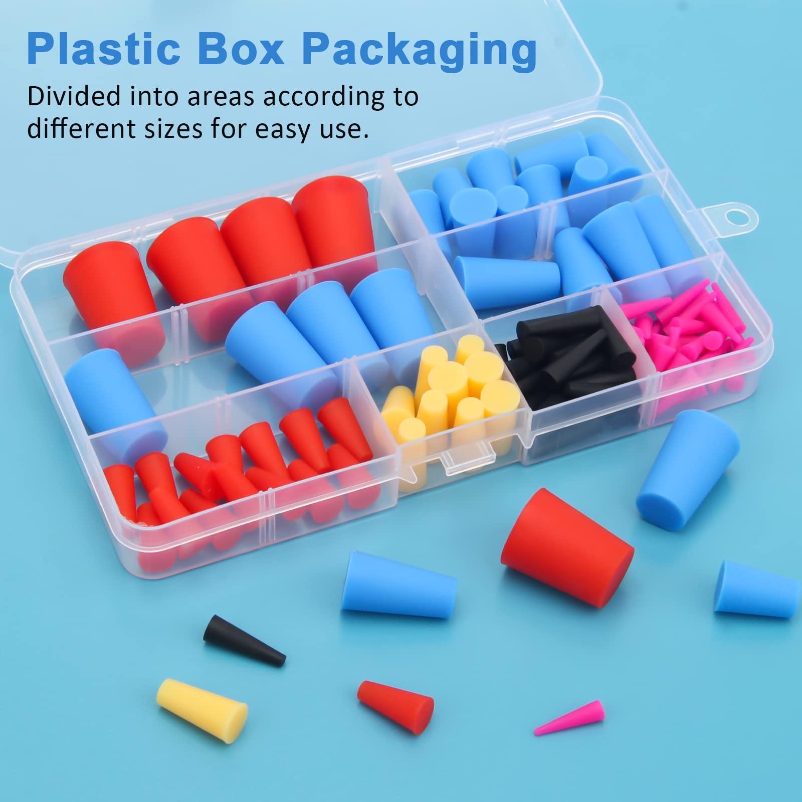 110PCS Silicone Rubber Tapered Plug, Pink, Black, Red, Yellow, Blue