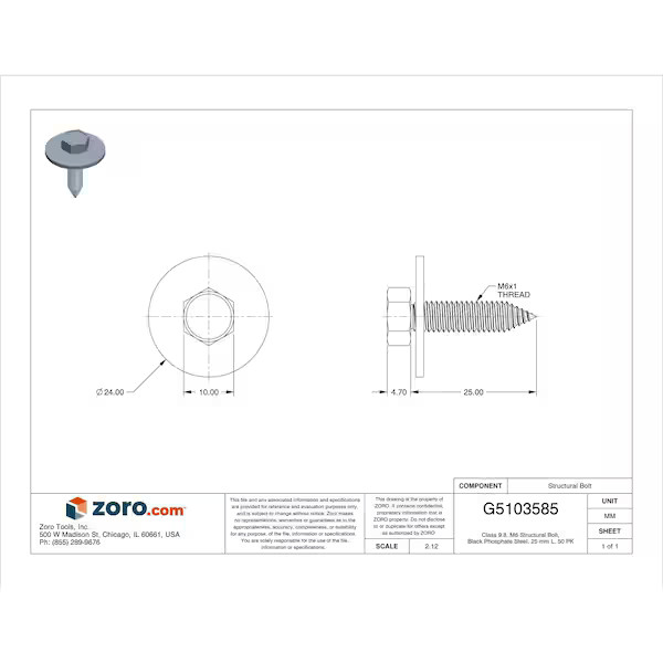Manufacturer Varies Class 9.8, M6 Structural Bolt, Black Phosphate Steel, 25 mm