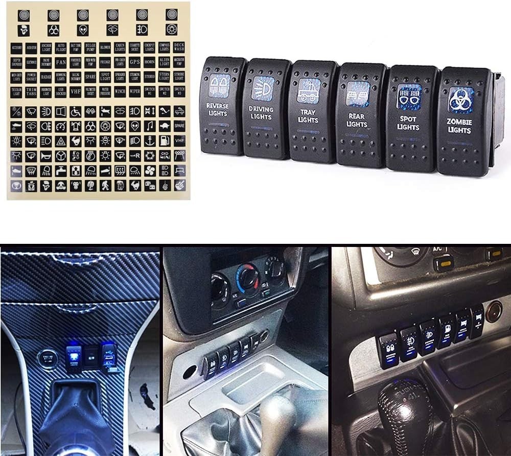 6PCS Rocker Switches 12 Volt 4Pin SPST 20A/12V 10A/24V On/Off Set with Night Glo