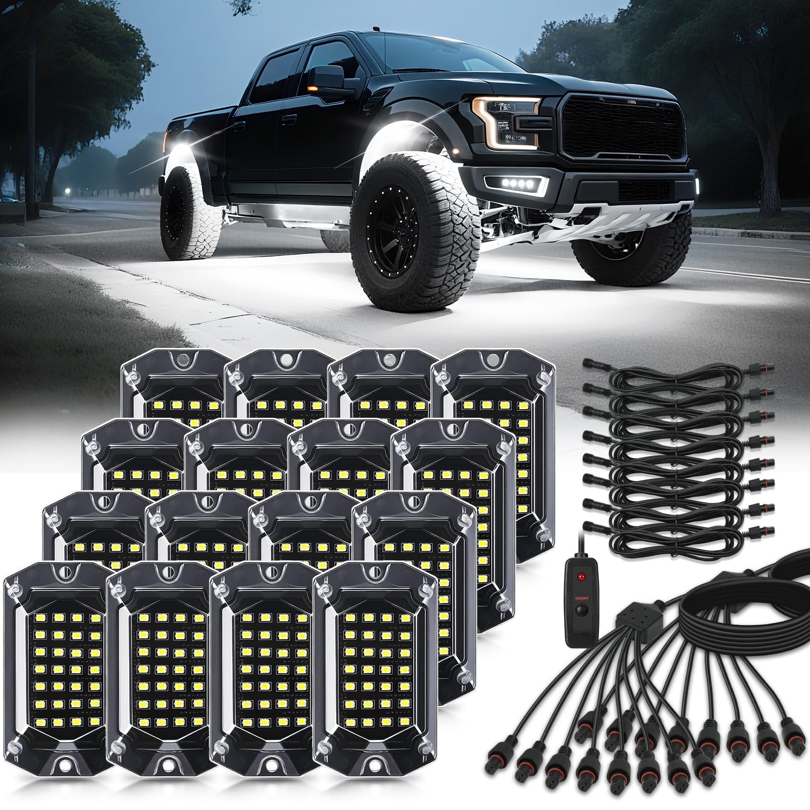 16 Pods Full Angle Pure White LED Rock Lights with Extension Wires, IP68 Wate…