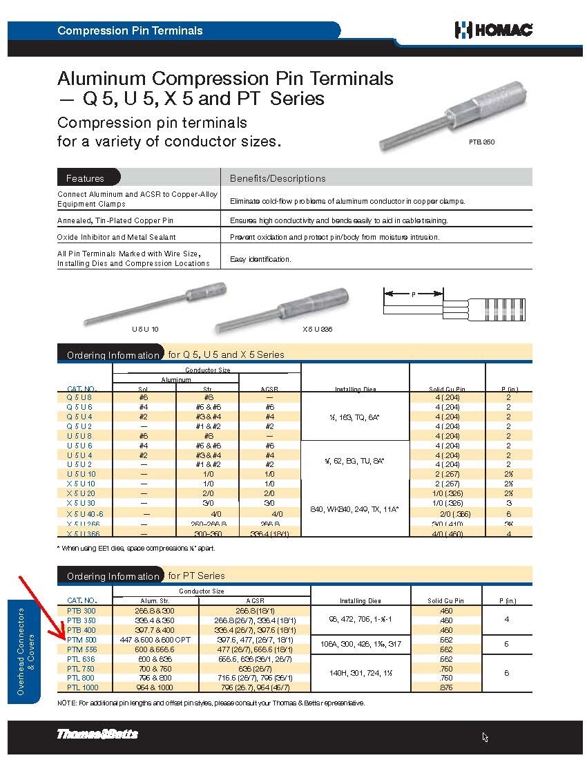 Homac PTM 500 Aluminum Compression Pin Terminals – Box of 25