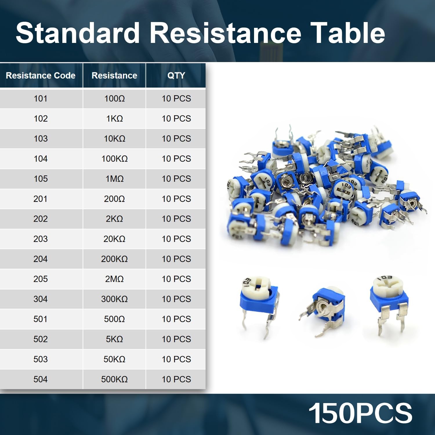 150Pcs Potentiometer Assortment Kit 15 Values 100Ω-2MΩ 6mm Trim Pot Resistors Se