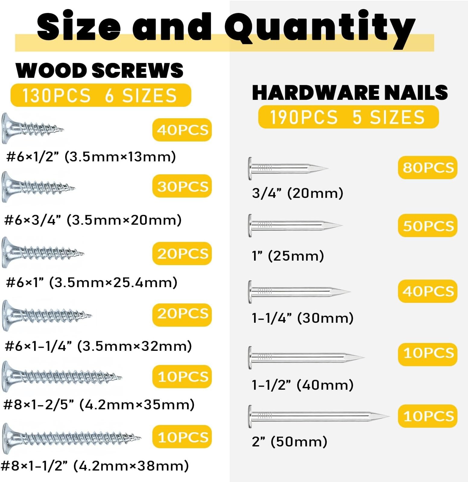 320Pcs Premium Hardware Nails & High Hardness Wood Screws Assortment Kit，1/2″…