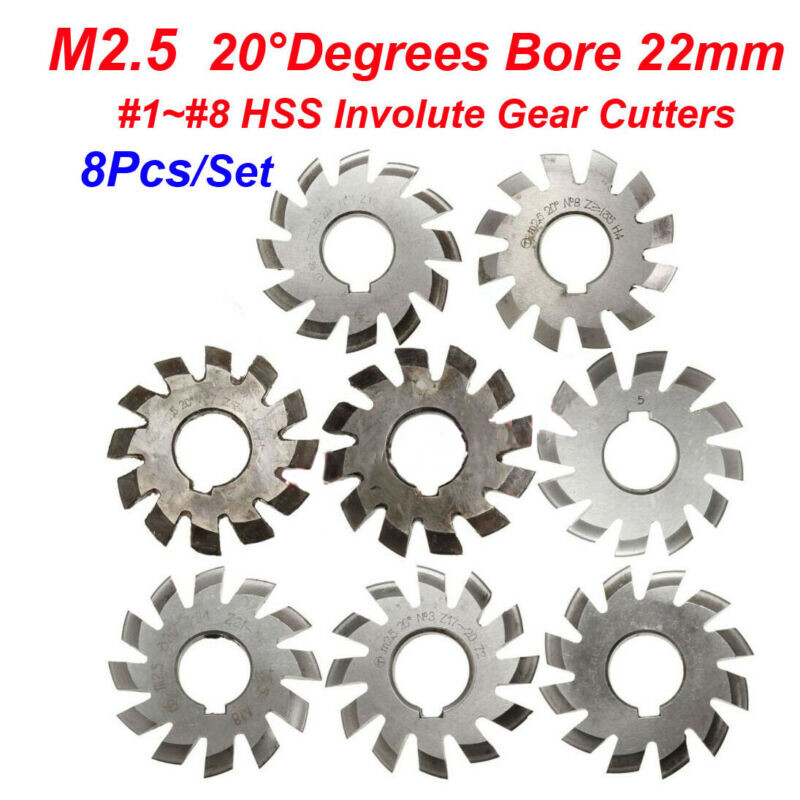 8Pcs/Set HSS M2.5 Bore 22mm PA 20°Degree #1#2#3#4#5#6#7#8 Involute Gear Cutter