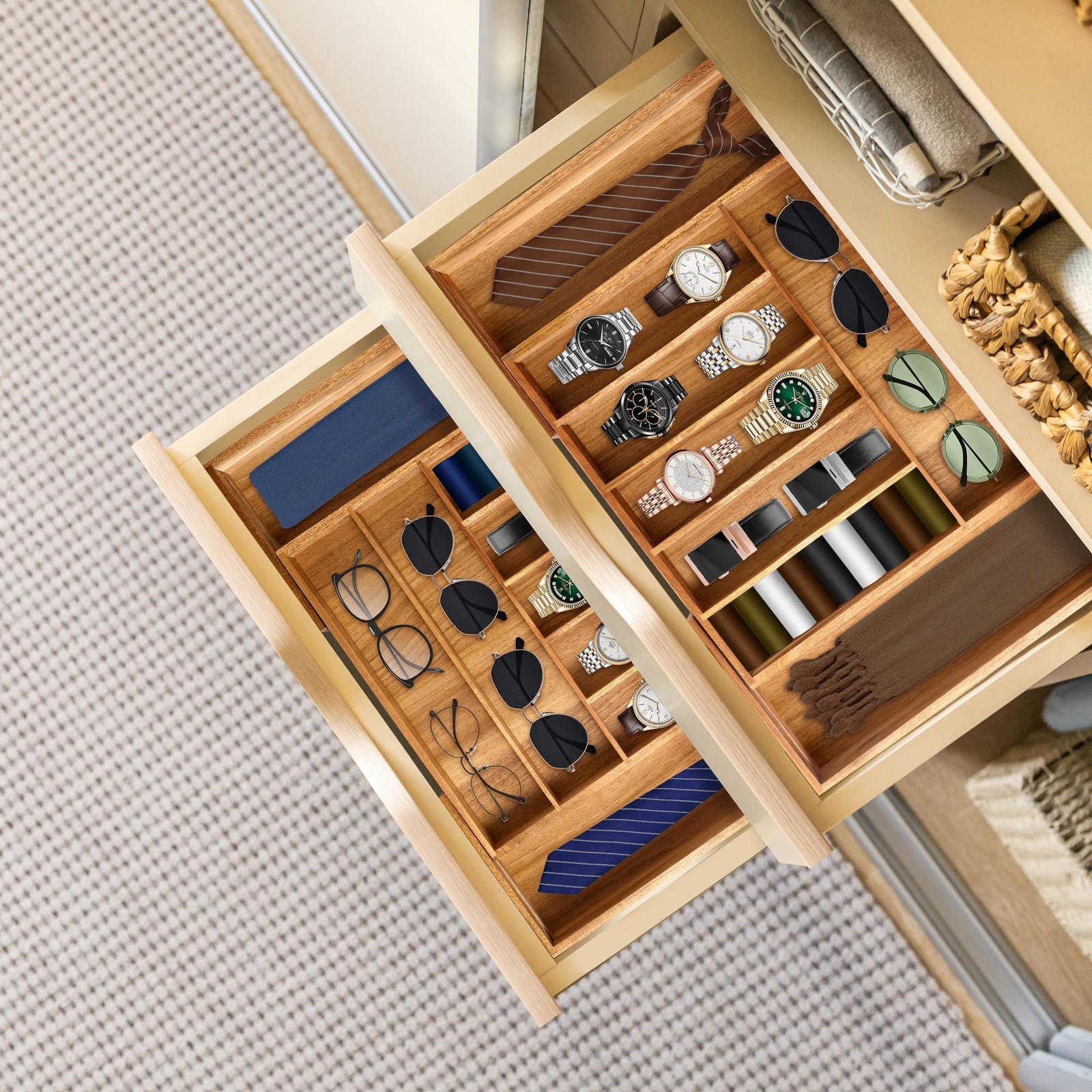 Large Premium Acacia Silverware Organizer – Expandable Drawer Organizer & Ute…
