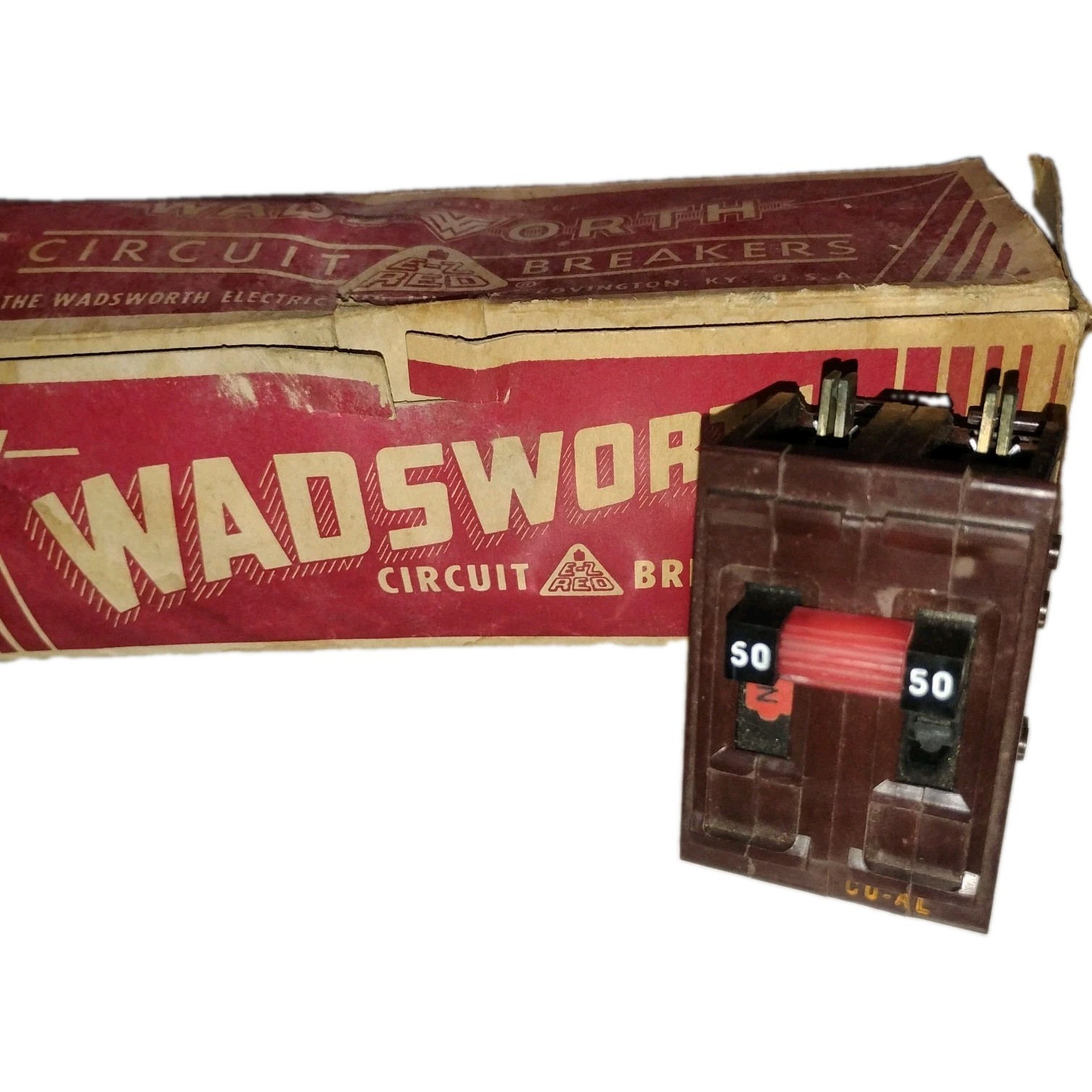 Wadsworth A250 50 Amp 2-Pole Circuit Breaker – Red Bar – Metal Feet – NOS