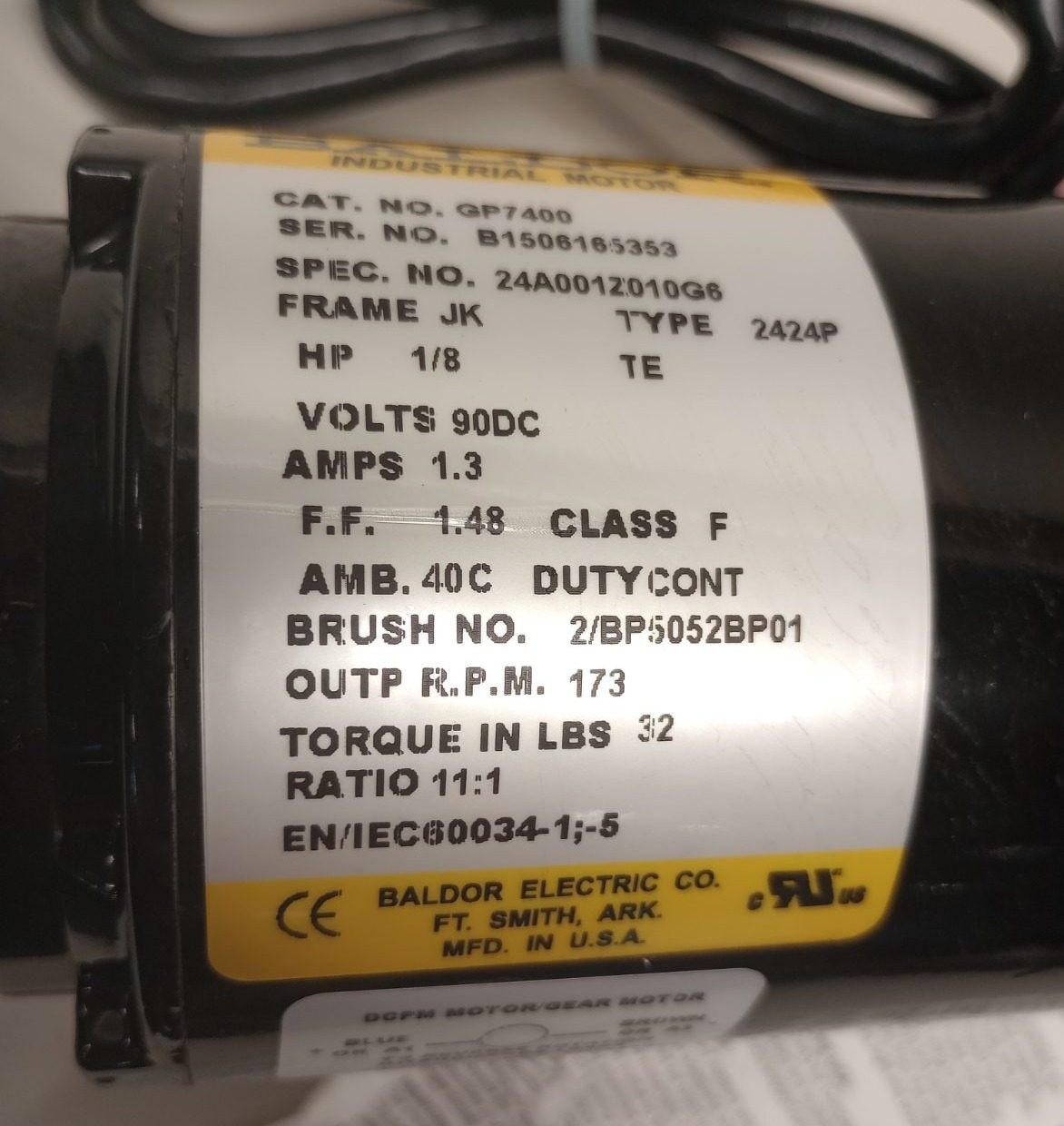 Baldor GP7400 Gear Motor 1/8hp 90V-DC 173rpm Ratio 11:1 JK-2424P 24A001Z010G6