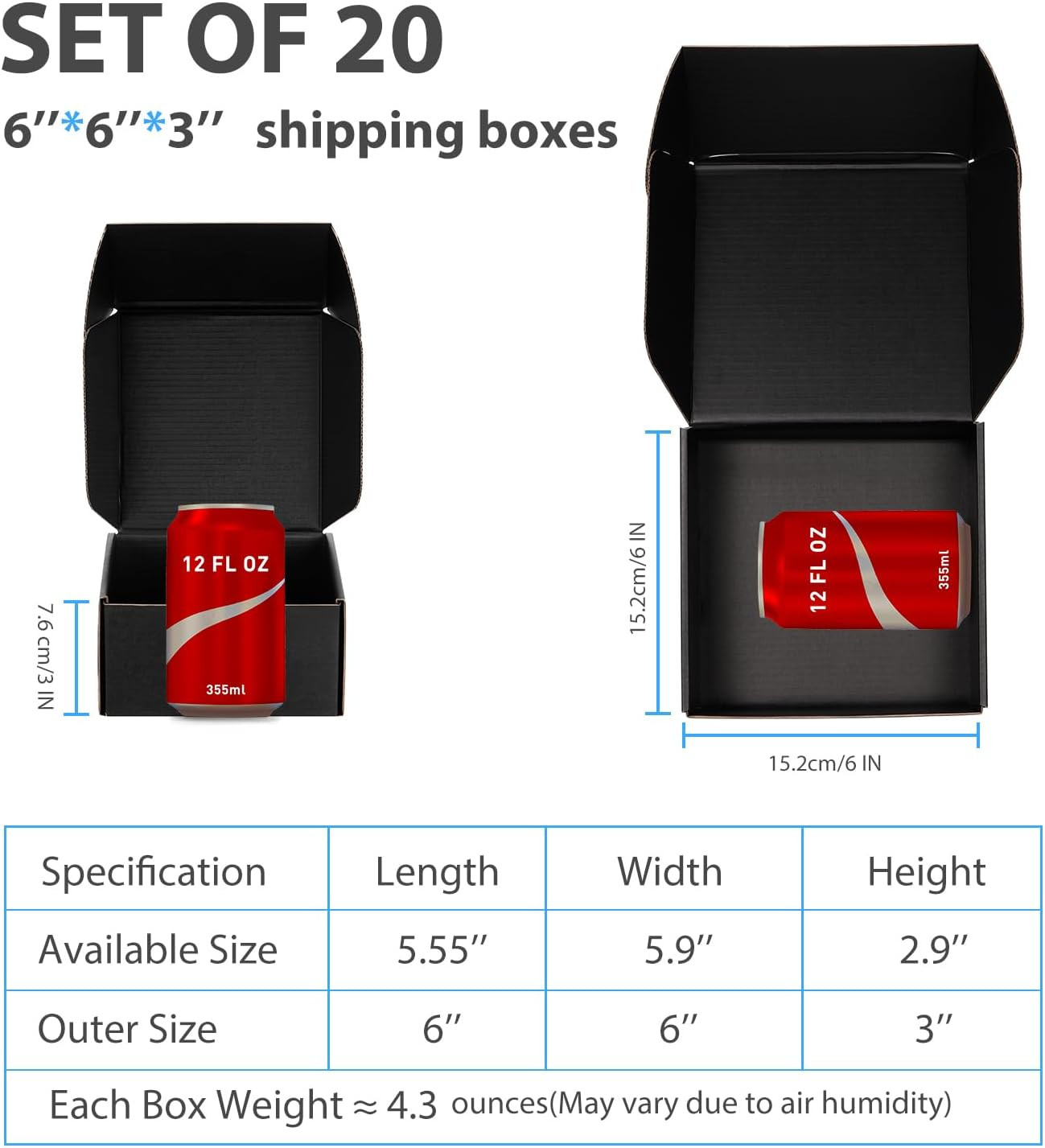 Black Shipping Boxes 6X6X3 Inches, 20 Pack | Easy Assembly, Sturdy 32 ECT Corrug