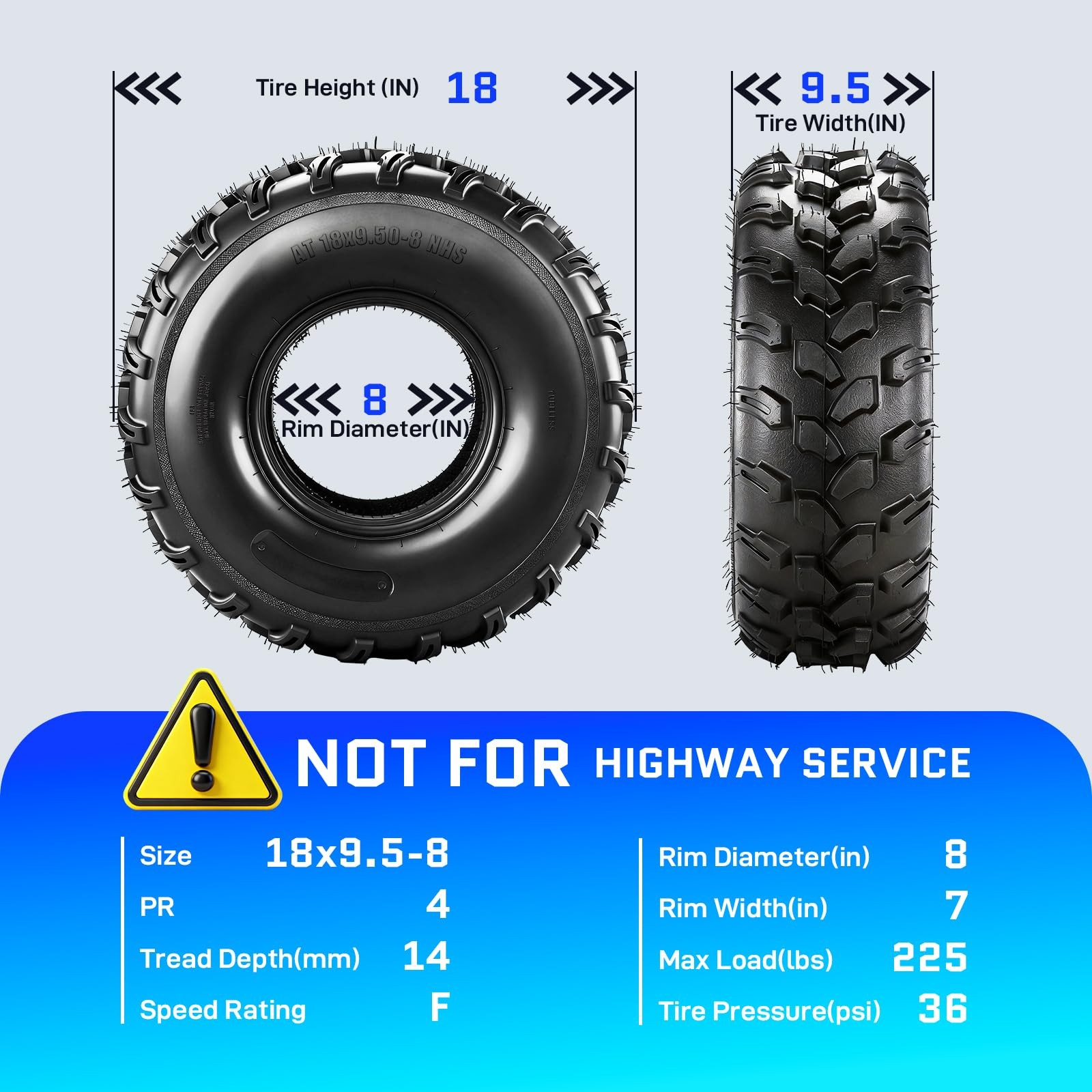 18×9.50-8 ATV UTV Tires 4PR All-Terrain for Sand Mud Trail Directional Tubeless