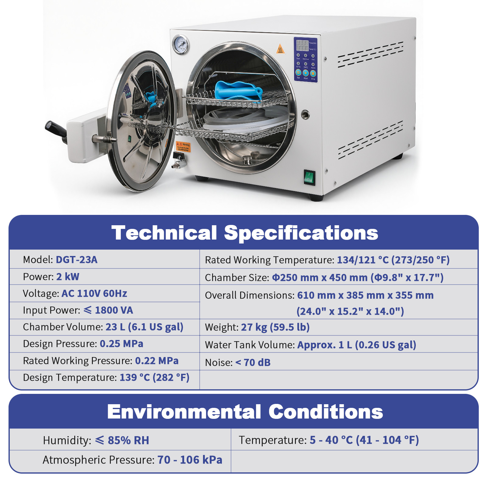 23L Dental Autoclave Steam Sterilizer 250℉&273℉ Stainless Steel 304 Medical