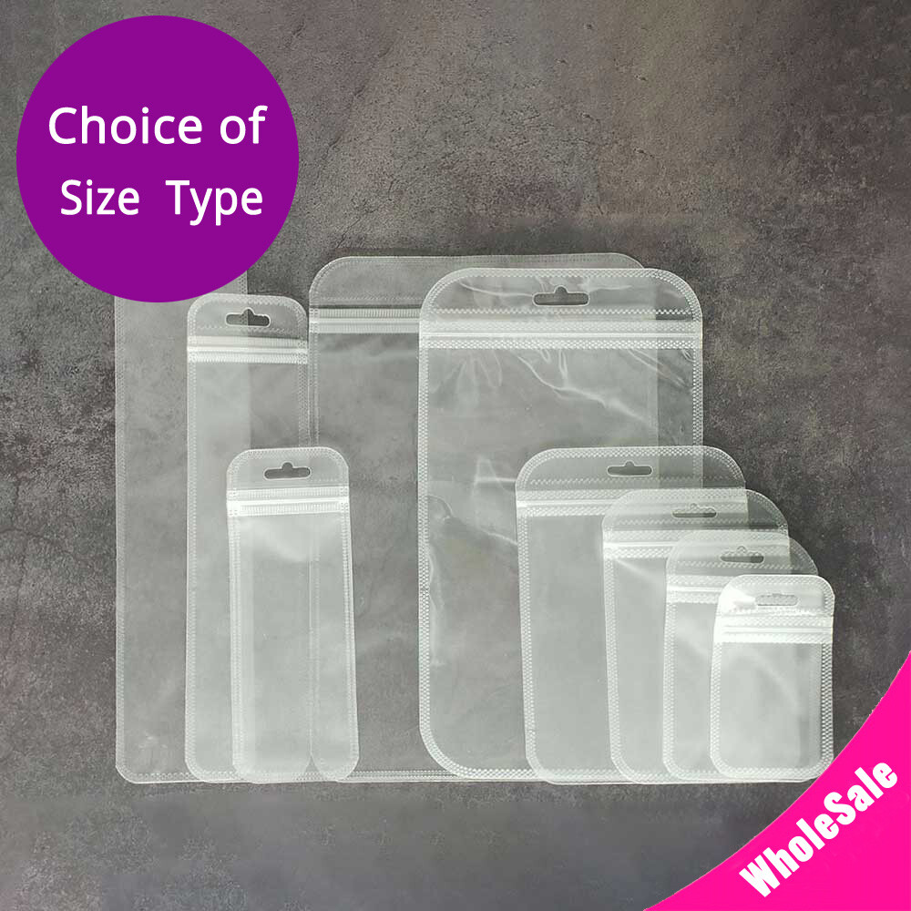 Multi-Size Clear/Clear/Frosted White Glossy Flat Mylar Zip Lock Bag w/ Hang Hole