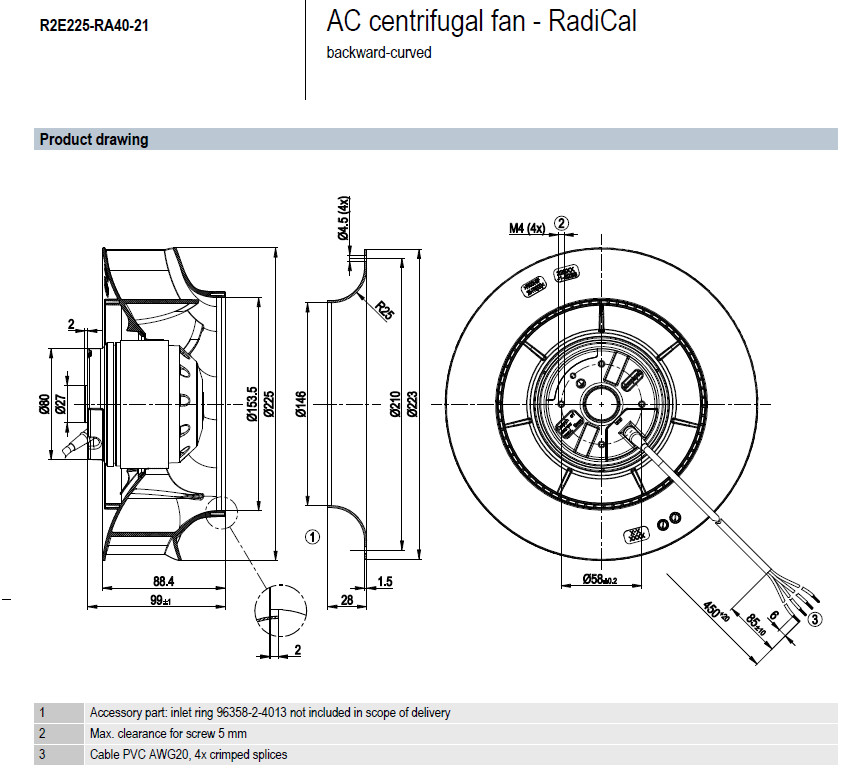 ebm-papst R2E225-RA40-21 AC Centrifugal Blower Fan 115V w/Capacitor + Inlet Cone