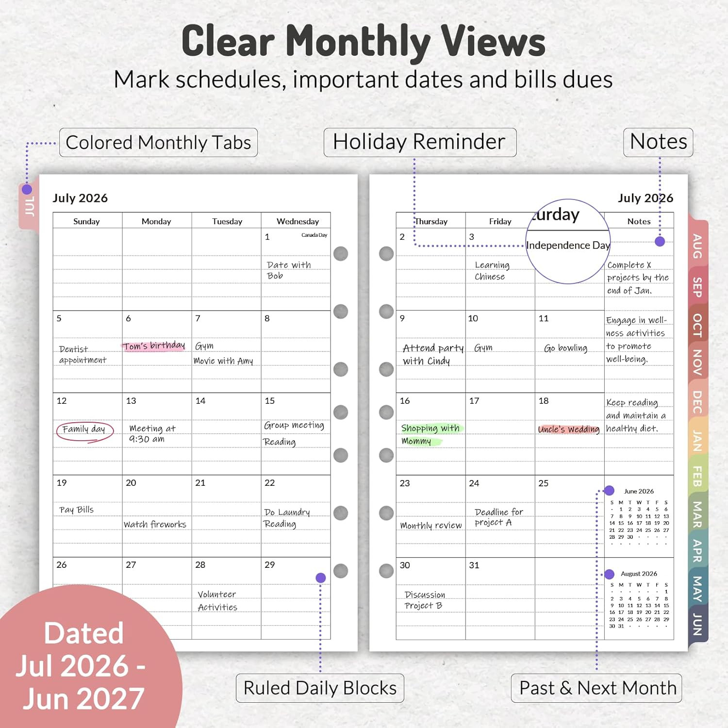 2026 Weekly & Monthly Planner Refills for A5 7-Ring Binders, July
