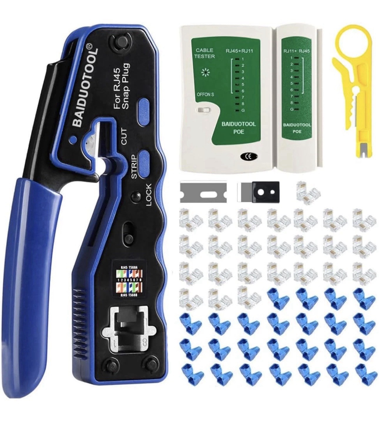 RJ45 Crimp Tool Kit &Tester Pass Through Crimper Cutter For cat5e Cat6;6a. 8P8C